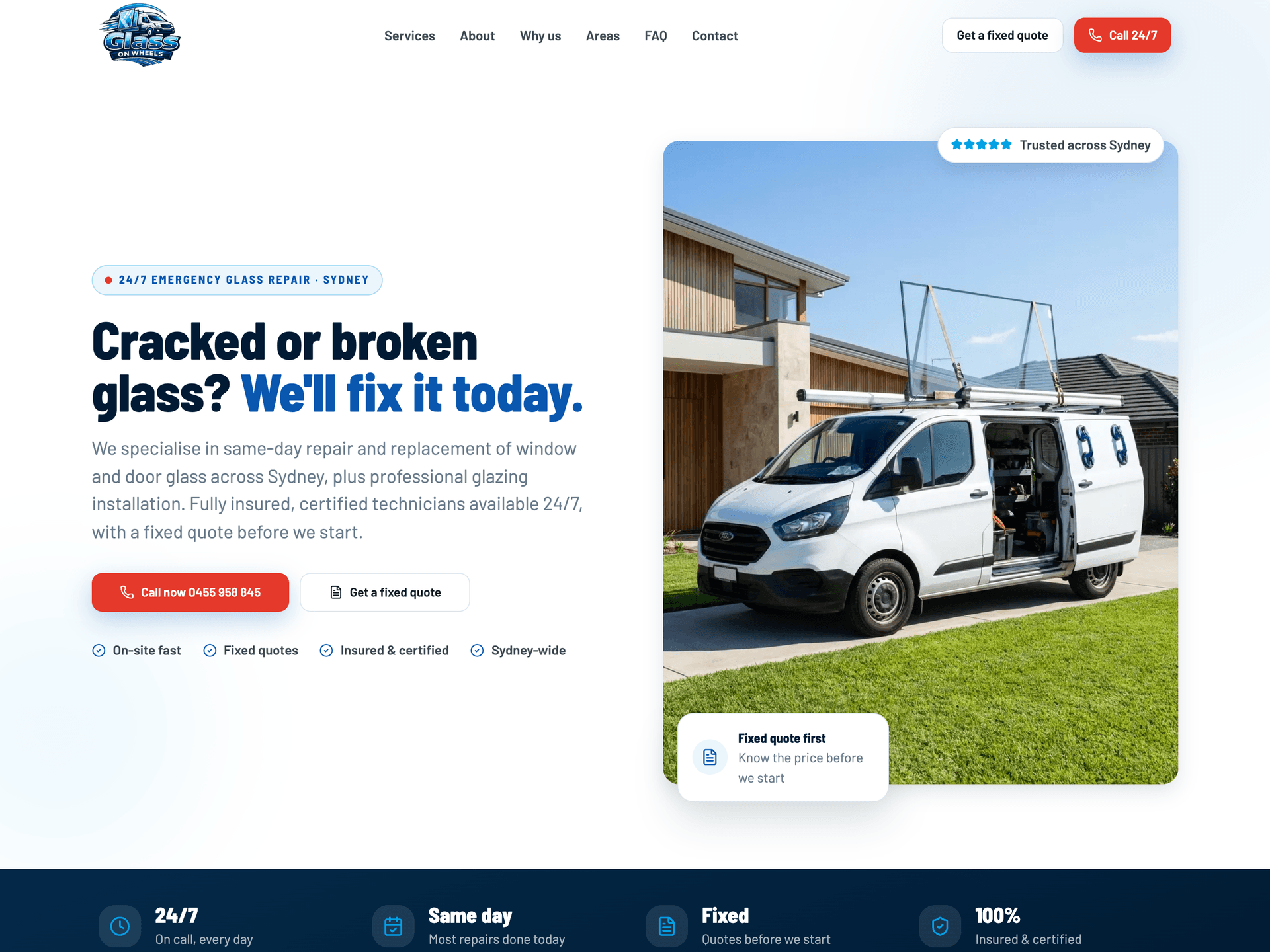 Glass on Wheels mobile glazier website homepage